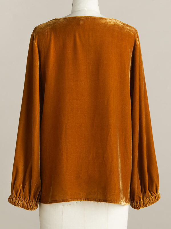 Velour 3/4 Sleeves Cowl Top - Couture Velvet Elegance in a Blouse