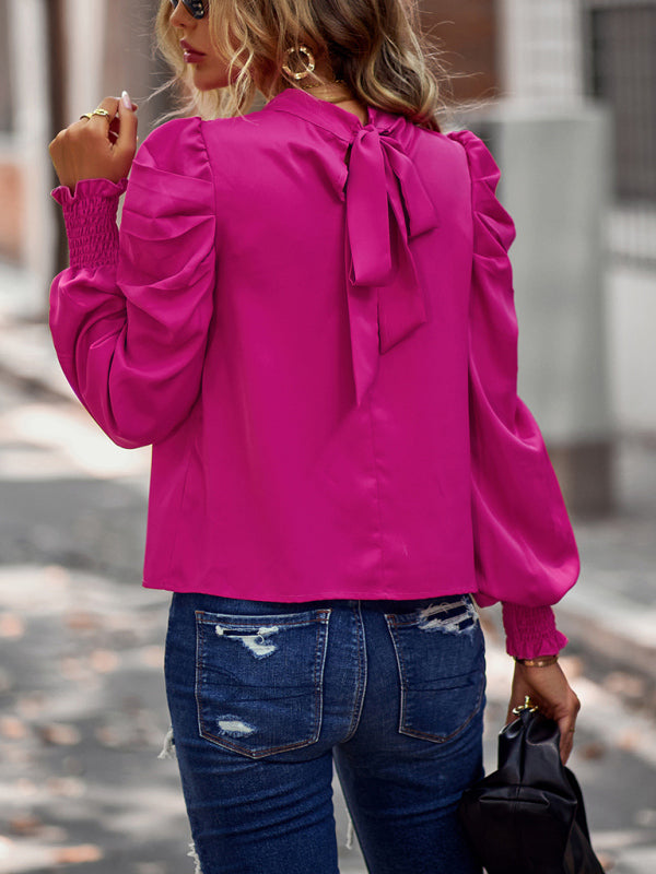 High Collar Blouse with Puff Sleeves Business Casual Blouses