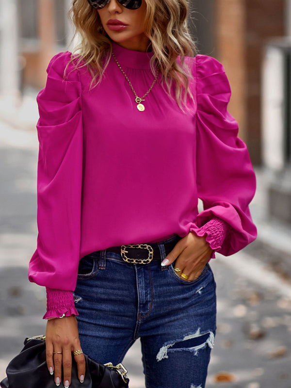 High Collar Blouse with Puff Sleeves Business Casual Blouses