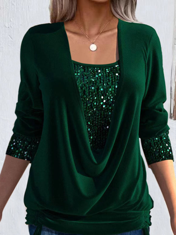 Night Out Fake 2-Piece Long Sleeve Sequin Top Sparkly Tops