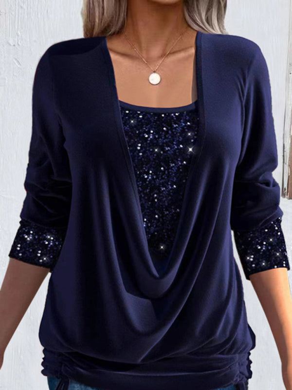 Sequin Scoop Neck Blouse with Ruched Sides for Women