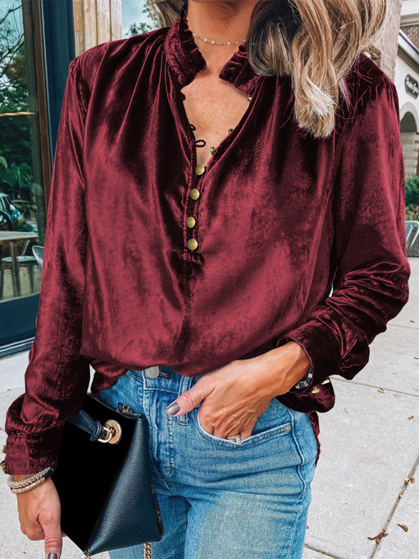 Elegance in Velour Long Sleeve High Neck Velvet Blouse with