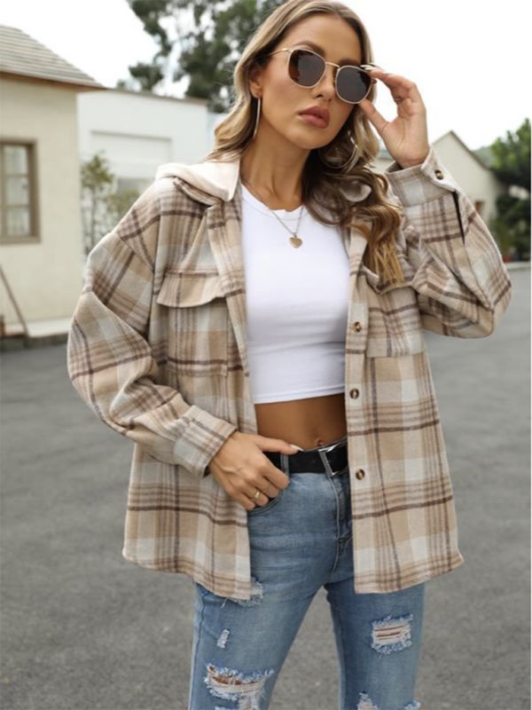 Relaxed Fit Plaid Shacket for Women with Detachable Hood | Shirt Jackets