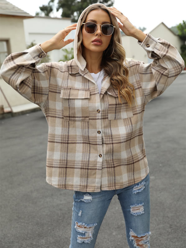 Relaxed Fit Plaid Shacket for Women with Detachable Hood | Shirt Jackets