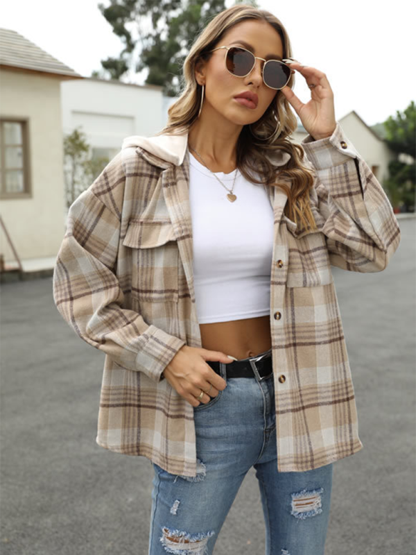 Relaxed Fit Plaid Shacket for Women with Detachable Hood | Shirt Jackets