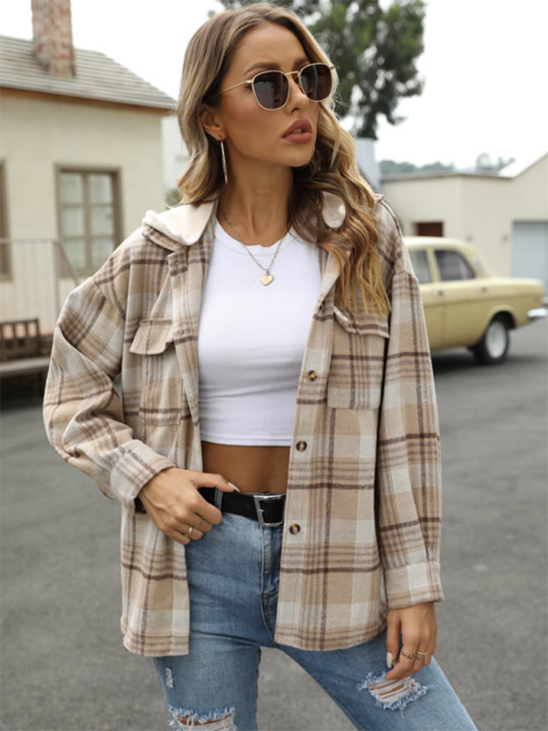 Relaxed Fit Plaid Shacket for Women with Detachable Hood | Shirt Jackets