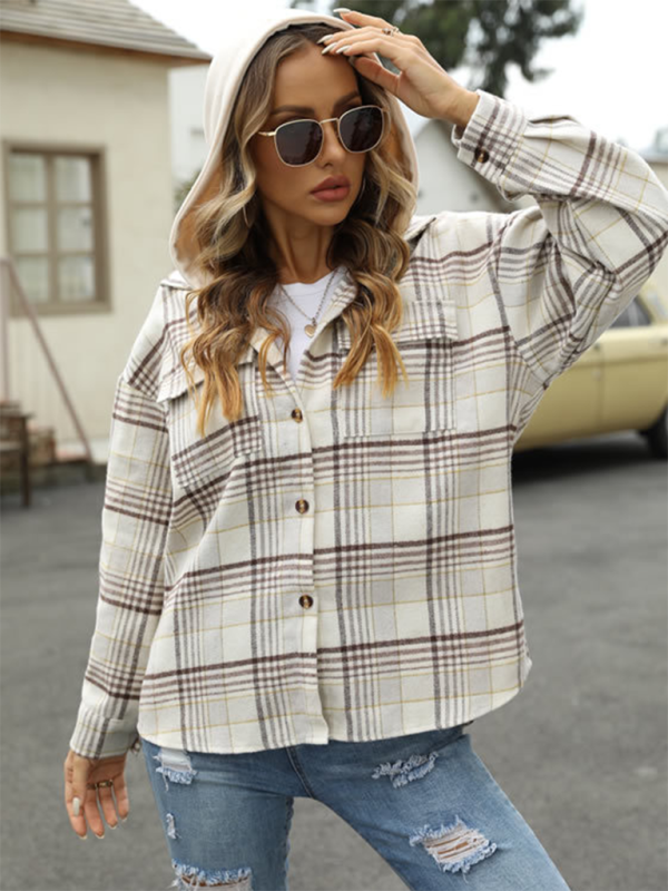 Relaxed Fit Plaid Shacket for Women with Detachable Hood | Shirt Jackets