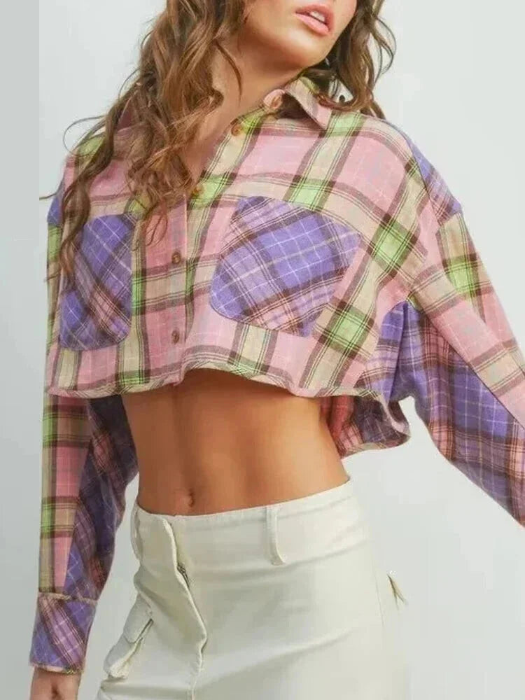 Two-Tone Plaid Crop Shirt for Transitional Seasons Shirts