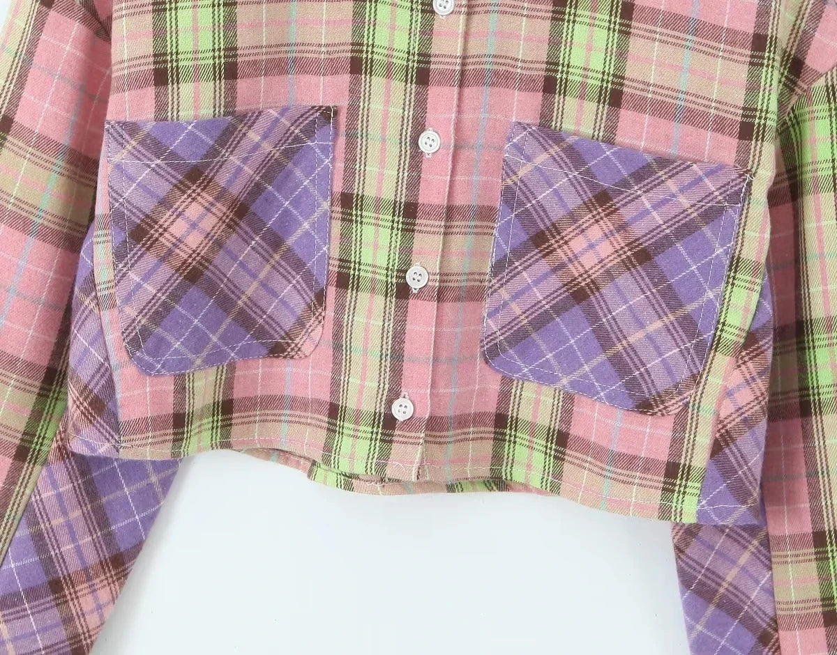 Two-Tone Plaid Crop Shirt for Transitional Seasons Shirts