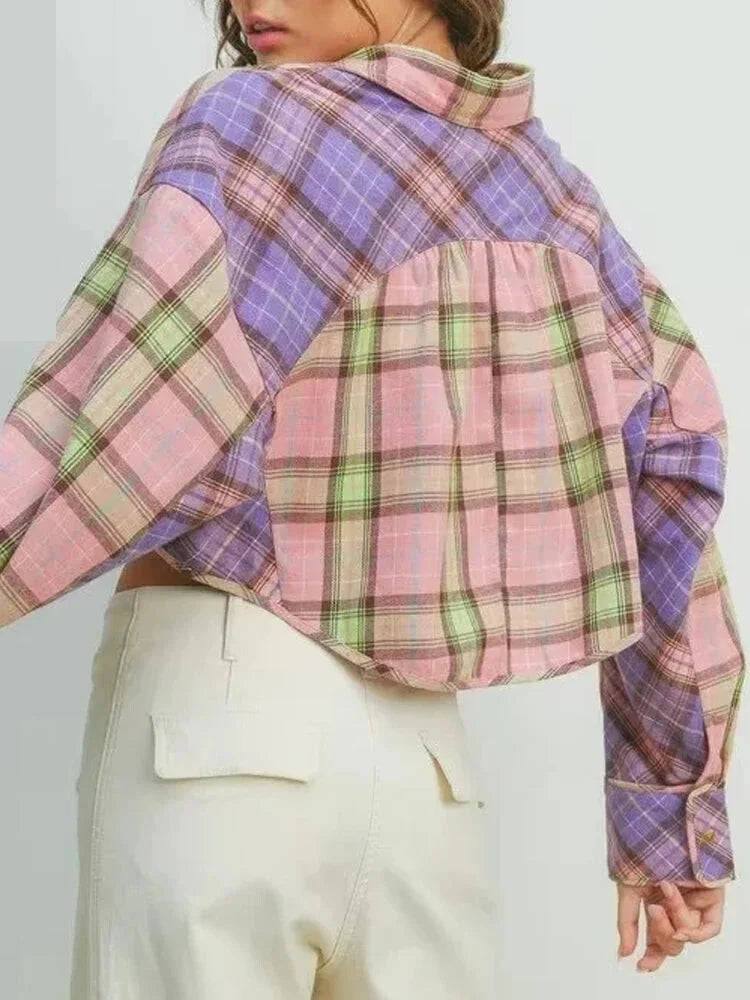 Two-Tone Plaid Crop Shirt for Transitional Seasons Shirts