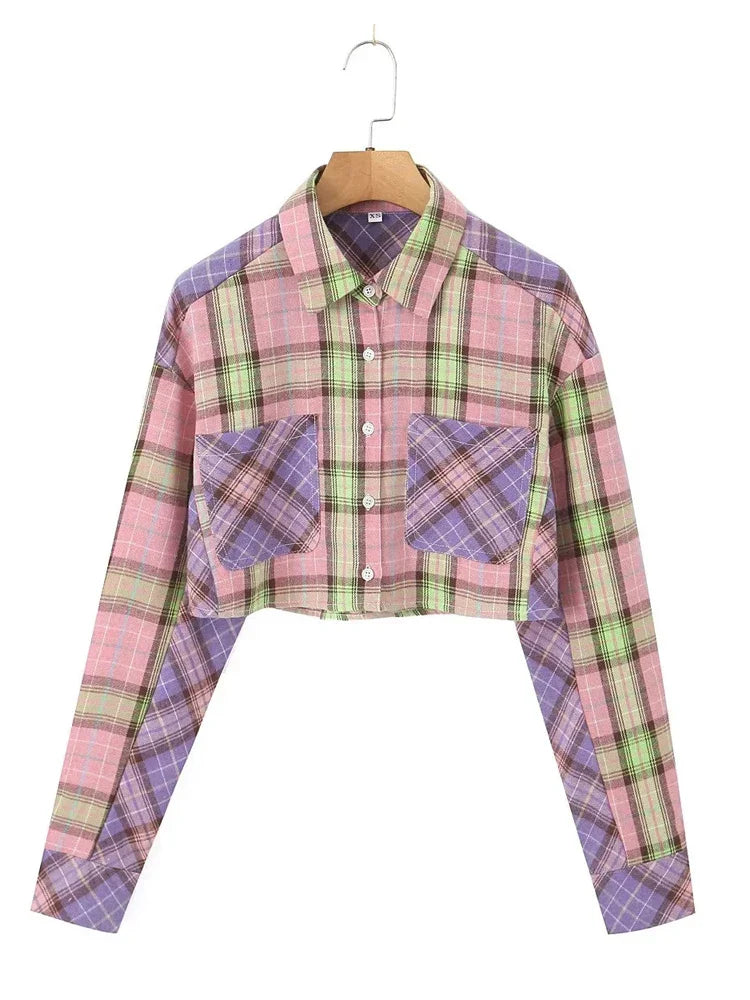 Two-Tone Plaid Crop Shirt for Transitional Seasons Shirts