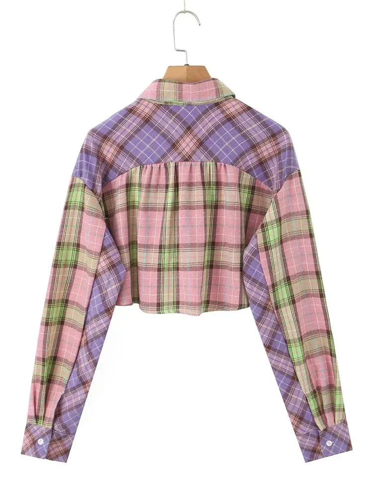 Two-Tone Plaid Crop Shirt for Transitional Seasons Shirts