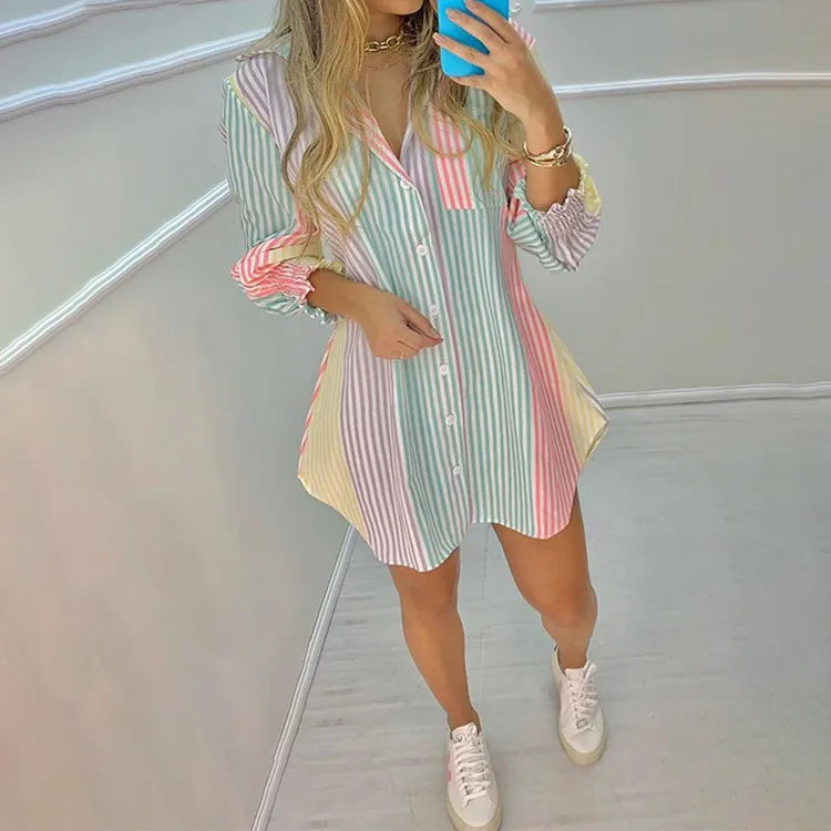 Beach Lounging Essential Striped Button-Up Shirt Shirt Dresses