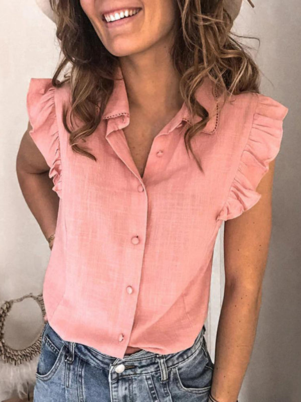 Women's Casual Sleeveless Cotton Button-Up Blouse with Ruffles