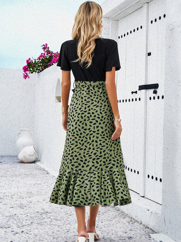 Surplice Tie-Belt Midi Dress in Contrast Leopard Print and Knit