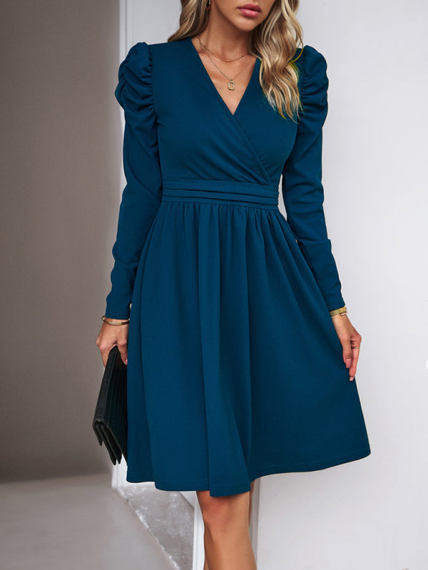 Elegant Solid A-line Surplice V-Neck Puff Long sleeve Midi Dress