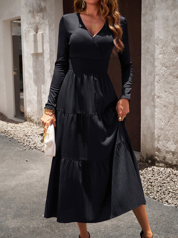 Elegant Textured Fitted Waist Long Sleeve Tiered Dress Tiered