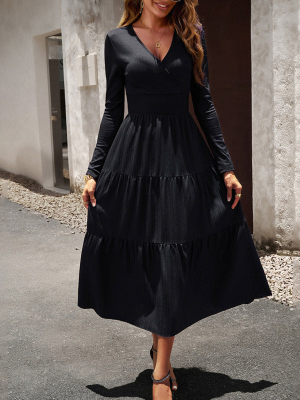 Women's Casual A-Line Midi Dress with Surplice V Neck