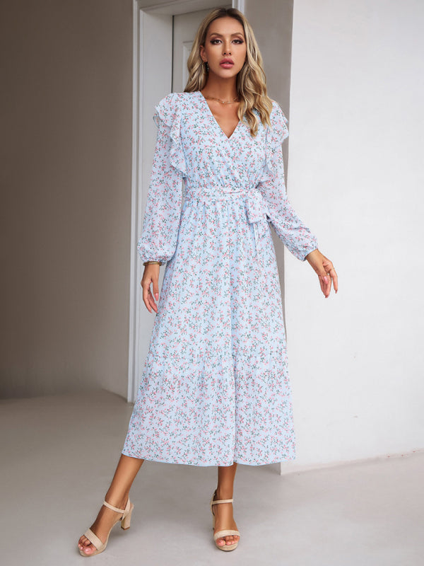 Floral Ruffle Belted Surplice Midi Dress with Long Sleeve Floral