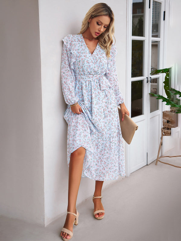 Floral Ruffle Belted Surplice Midi Dress with Long Sleeve Floral