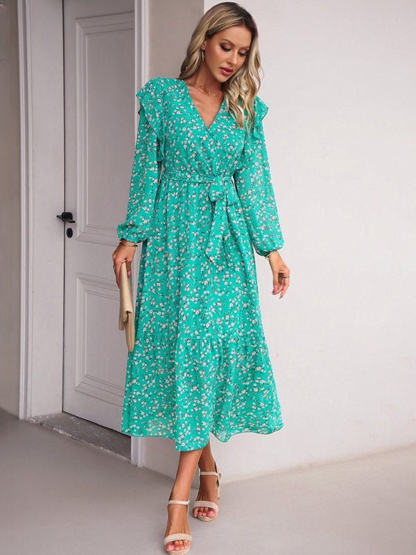 Floral Ruffle Belted Surplice Midi Dress with Long Sleeve Floral