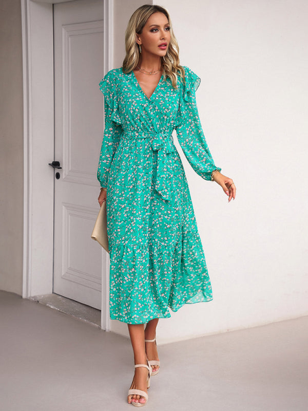 Floral Ruffle Belted Surplice Midi Dress with Long Sleeve Floral