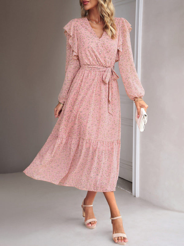 Mid-Calf Lantern Sleeve Dress in Floral Pattern with Belt