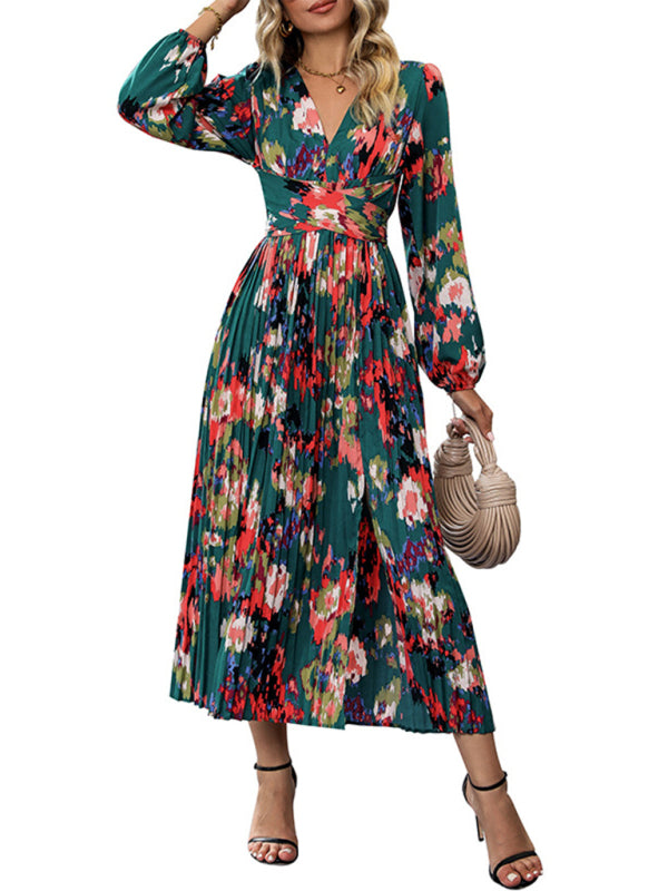 Abstract Print Surplice V Neck Pleated Dress Pleated Dresses