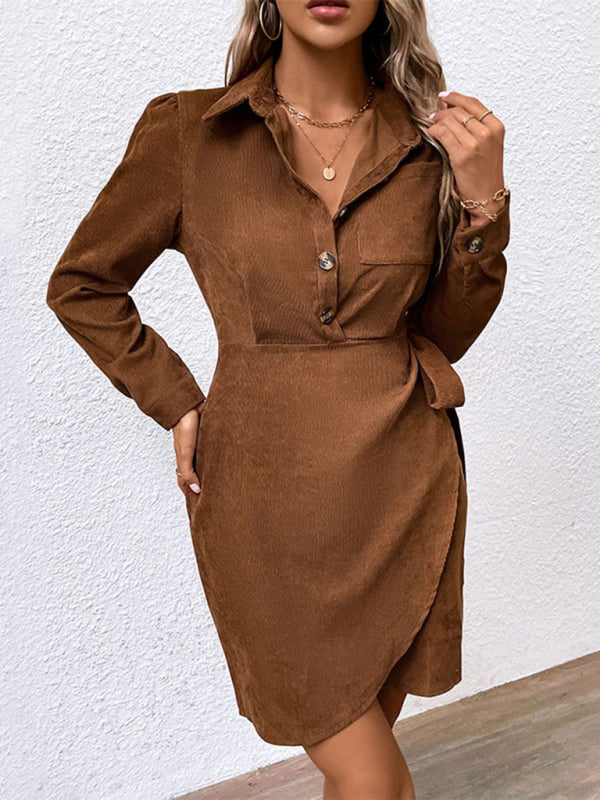 Corduroy Robe Shirt Dress: Knot Side, Long Sleeve, Half Button