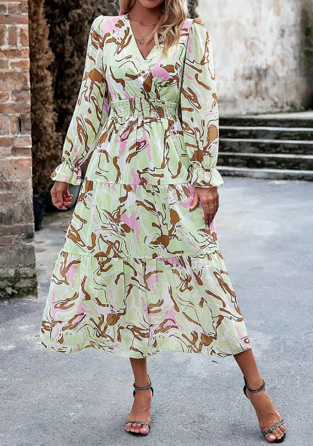 Autumn Floral V Neck Dress: Tiered Design, Ruffle Cuffs, Elastic