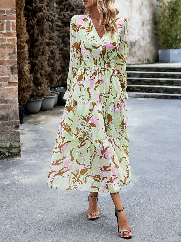 Seasonal Charm V-Neck Floral Print Dress - Ruffle Detail