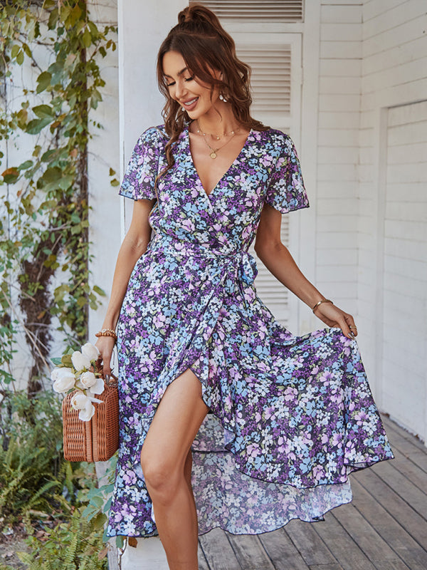 Floral Robe Dress with Flared Sleeves, High-Low Skirt and Waist