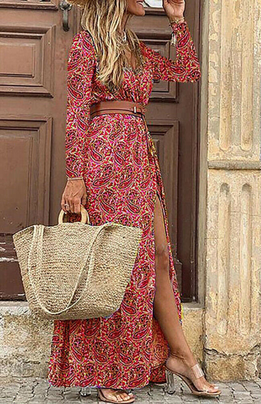 Autumn Floral Wrap Maxi Dress with Belt & Long Sleeve & V-Neck