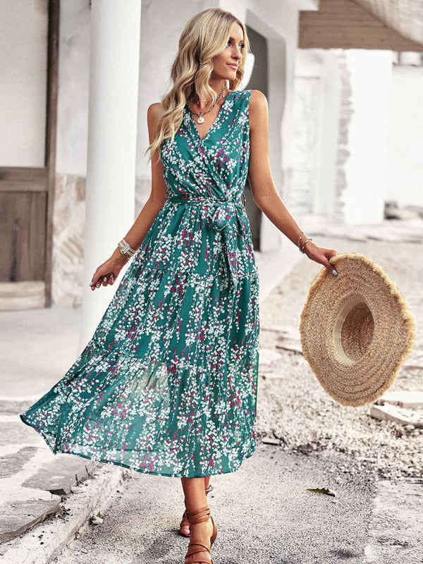 Women's Floral Tiered Belted Tank Midi Dress With Surplice V Neck