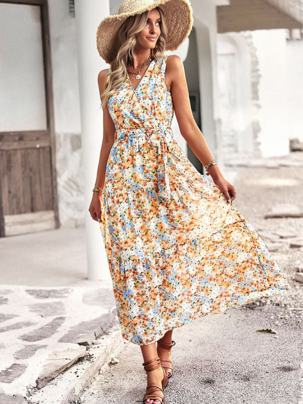 Women's Floral Tiered Belted Tank Midi Dress With Surplice V Neck