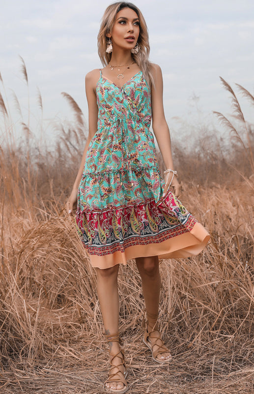 Casual V-Neck Paisley A-Line Dress with Ruffle Detail