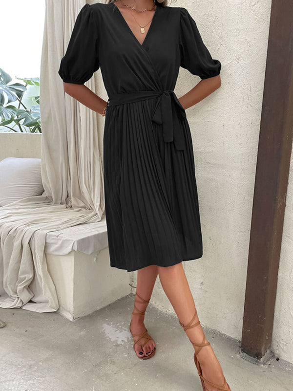 Solid Pleated Surplice V Neck Belt-Tie Dress Dress