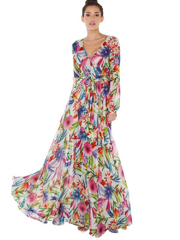 Tropical Print Wrap V Neck Maxi Dress with Lantern Sleeves