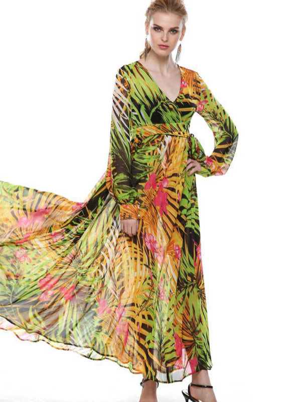 Abstract Print Long Sleeve Surplice Maxi Dress Maxi Dress