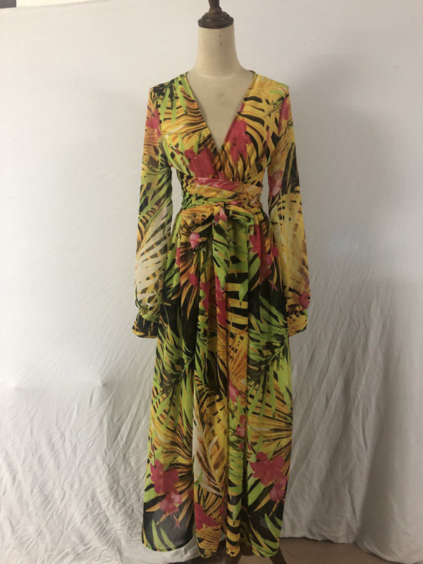 Abstract Print Long Sleeve Surplice Maxi Dress Maxi Dress