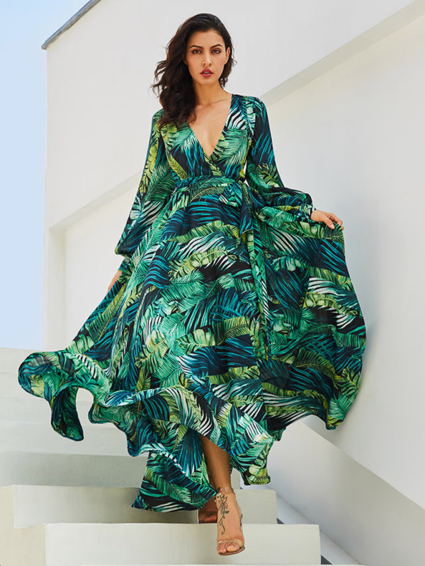 Abstract Print Long Sleeve Surplice Maxi Dress Maxi Dress