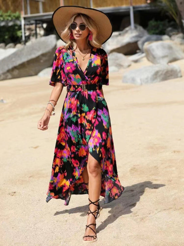 Bohemian Floral A-Line Dress with Wrap V-Neck & Belt