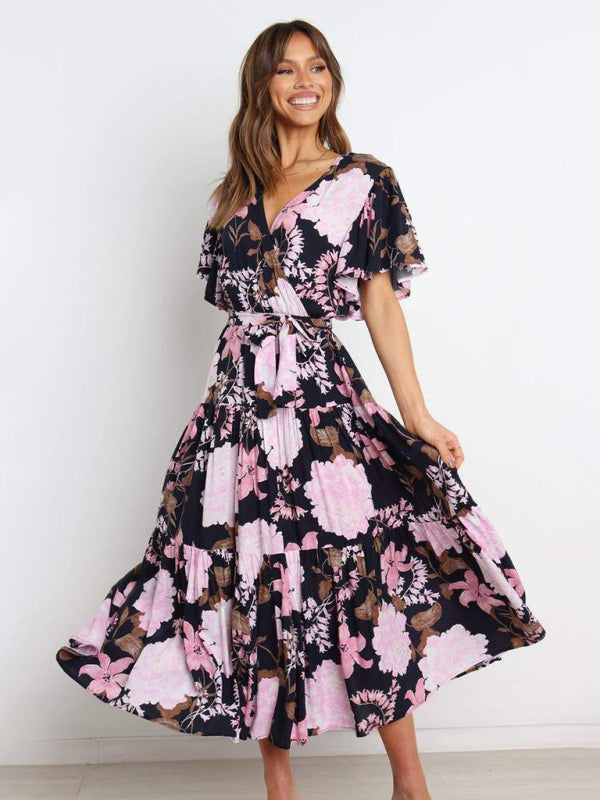 Romantic Floral Dress with V-neck and Tiered Hem
