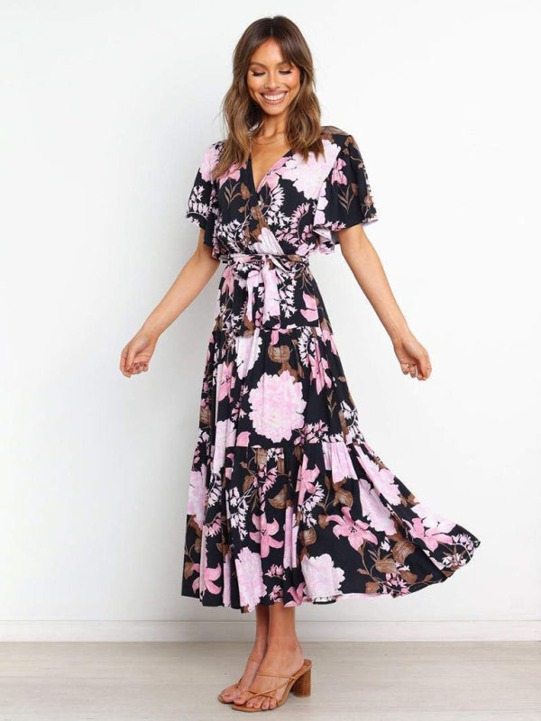 Floral A-Line Tiered Short Sleeve Waist Tie Midi Dress Dress