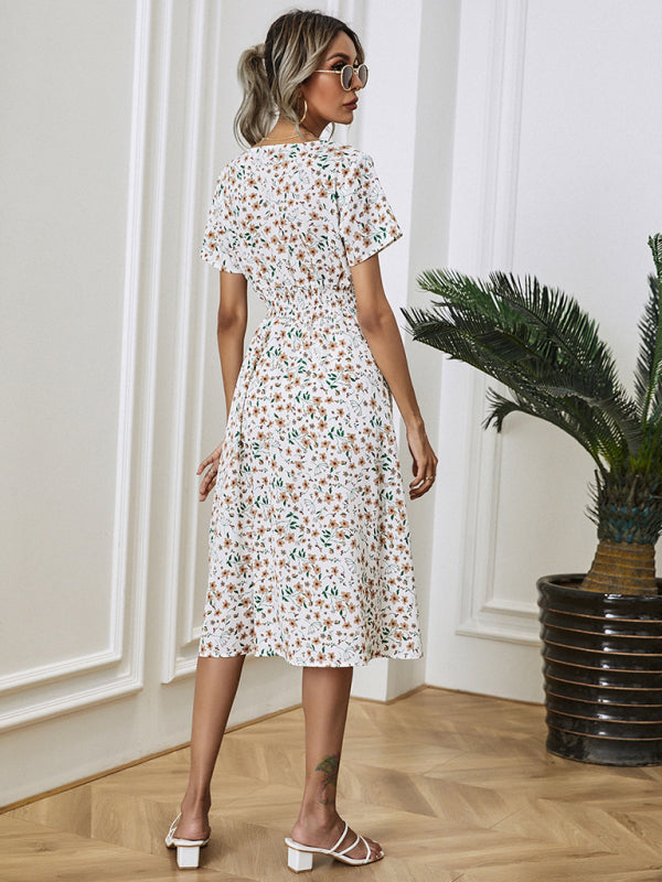 Garden Floral Smocked Waist A-Line Short Sleeve Midi Dress Dress