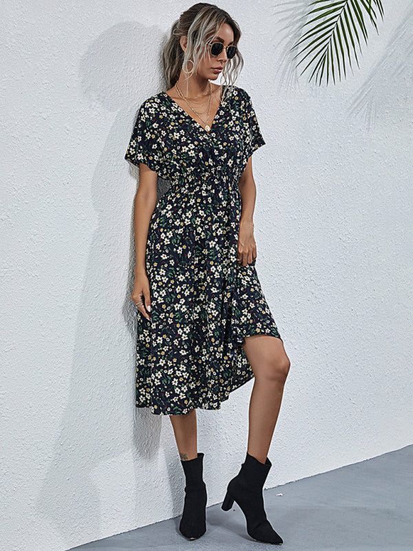 Garden Floral Smocked Waist A-Line Short Sleeve Midi Dress Dress