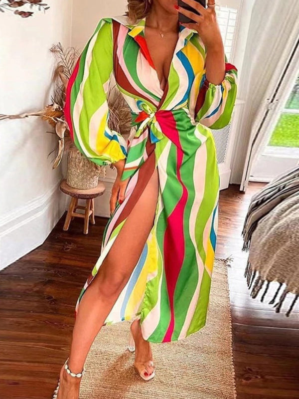 Spring-Summer Maxi Dress with Abstract Print & Slit