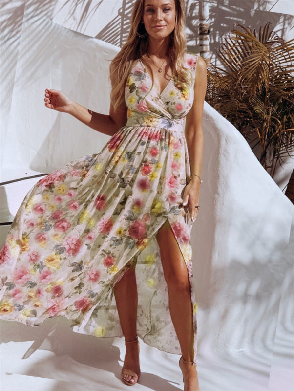Floral Surplice V-Neck Maxi Dress with Side Slit