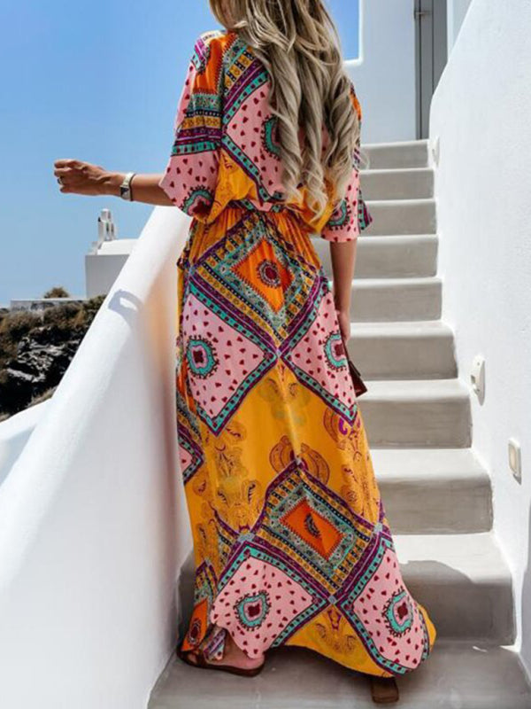 Beach Vacation Geometric Belted Wrap Maxi Dress Maxi dresses