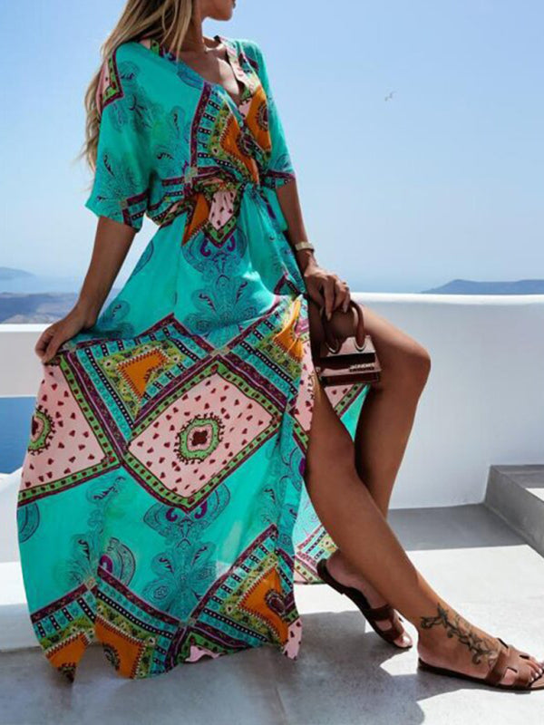 Beach Vacation Geometric Belted Wrap Maxi Dress Maxi dresses